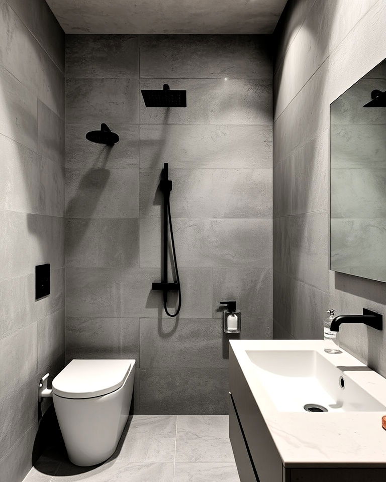 grey concrete bathroom walls with black fixtures