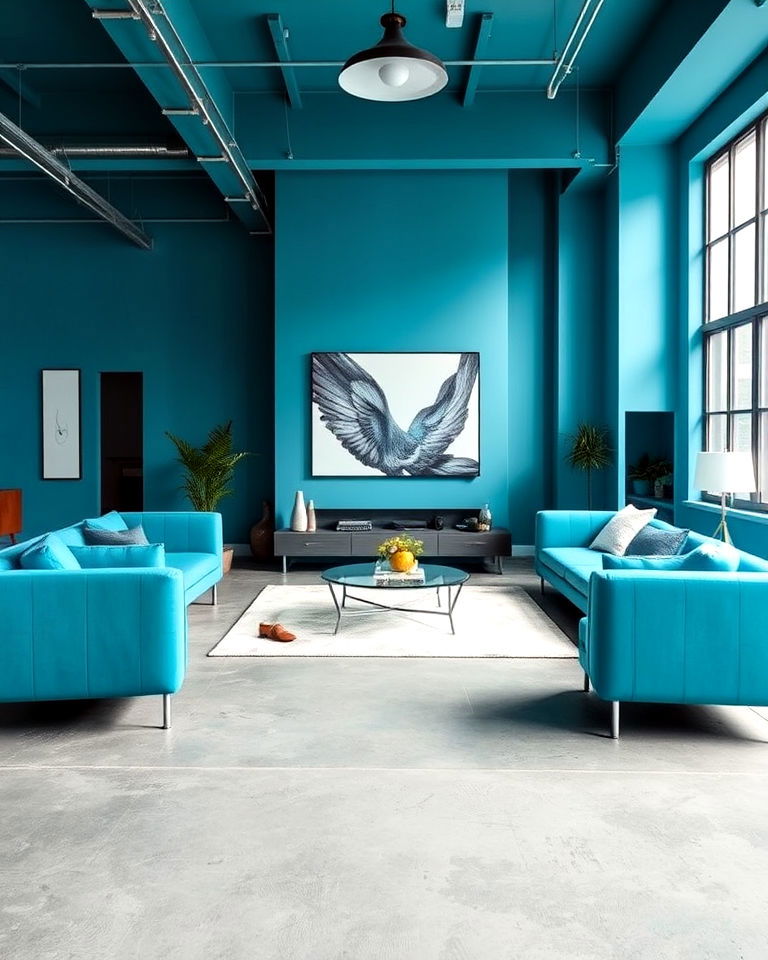 grey concrete floor with aqua blue living room walls