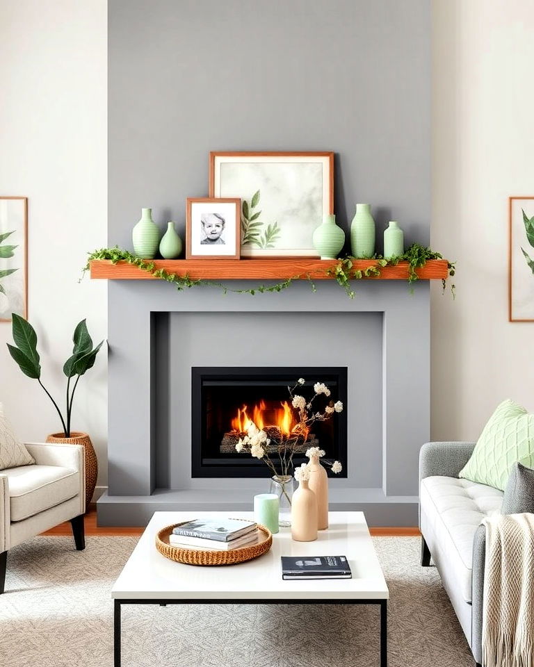 grey fireplace with sage green mantel décor