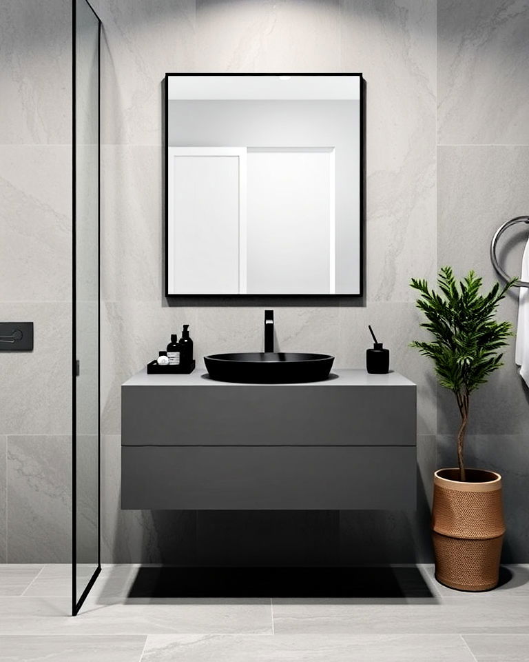 grey floating vanity with black sink