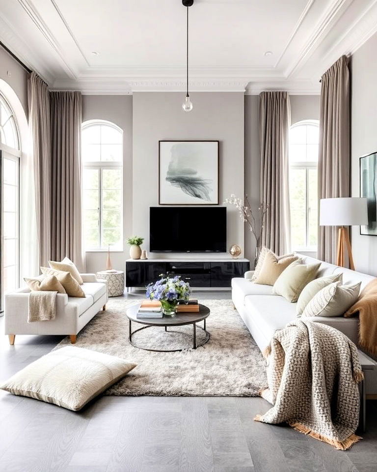 grey flooring living room with soft textiles