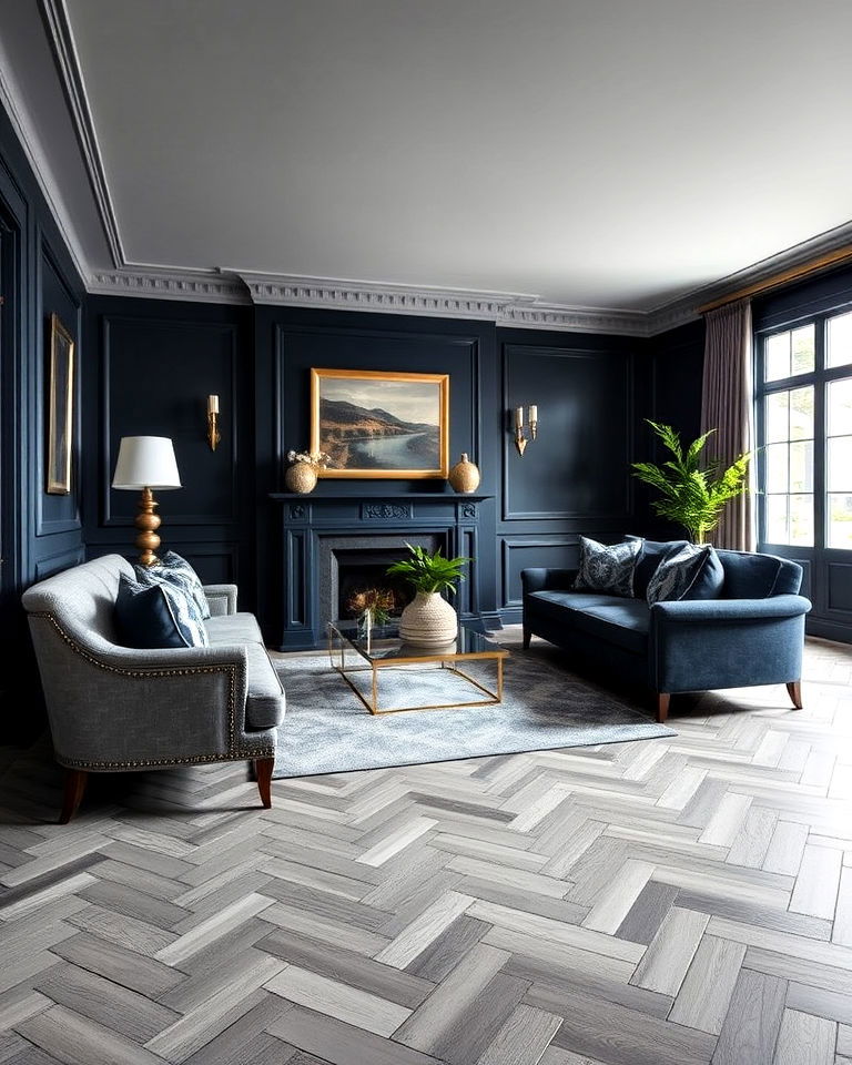 grey herringbone floor with navy blue living room walls