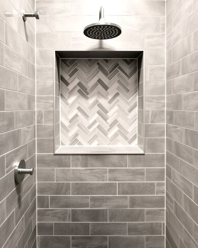 grey herringbone shower niche for a subtle statement