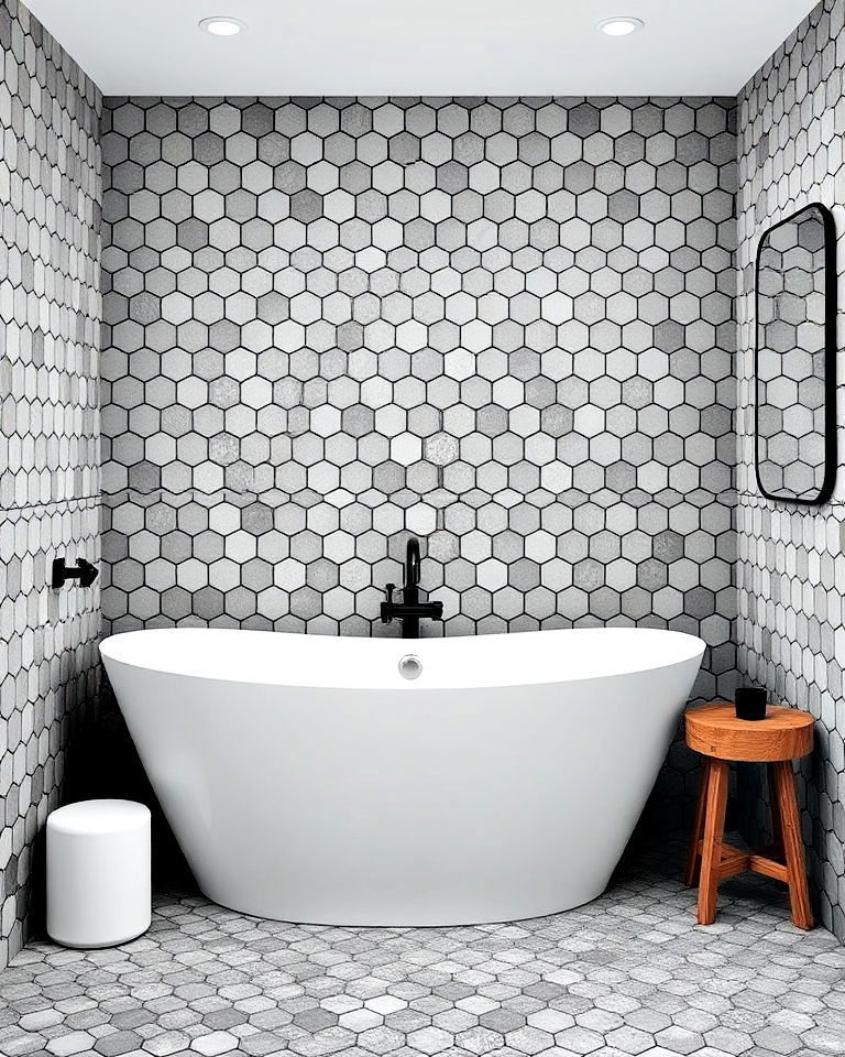 grey hexagon bathroom tiles with black grout