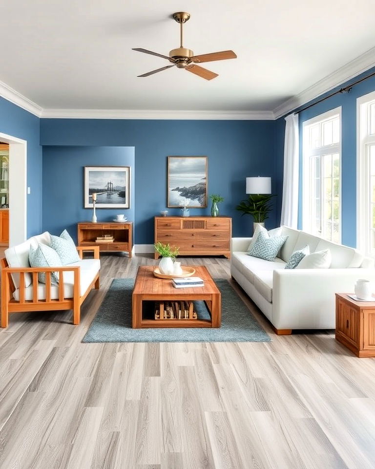 grey laminate flooring with ocean blue living room walls