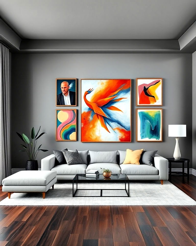 grey livin g room with dark wood floor and art display