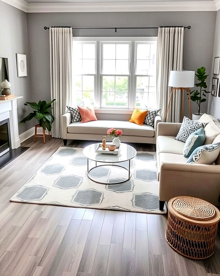 grey living room floor with geometric rug and cushions