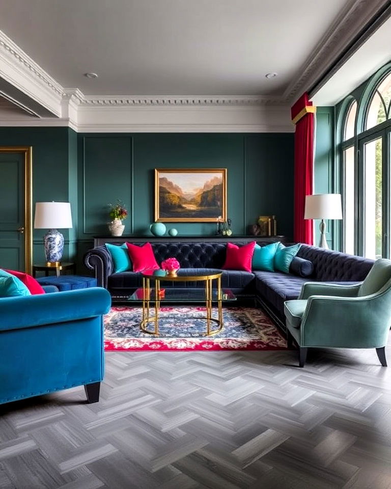 grey living room floor with glamorous jewel tones