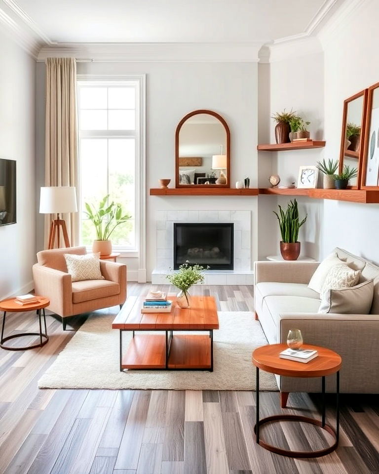 grey living room floor with wood accents