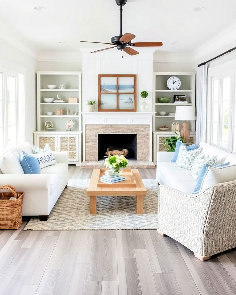 grey living room flooring with coastal inspired decor