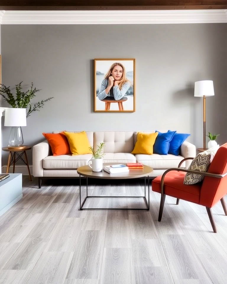 grey living room flooring with colorful cushions