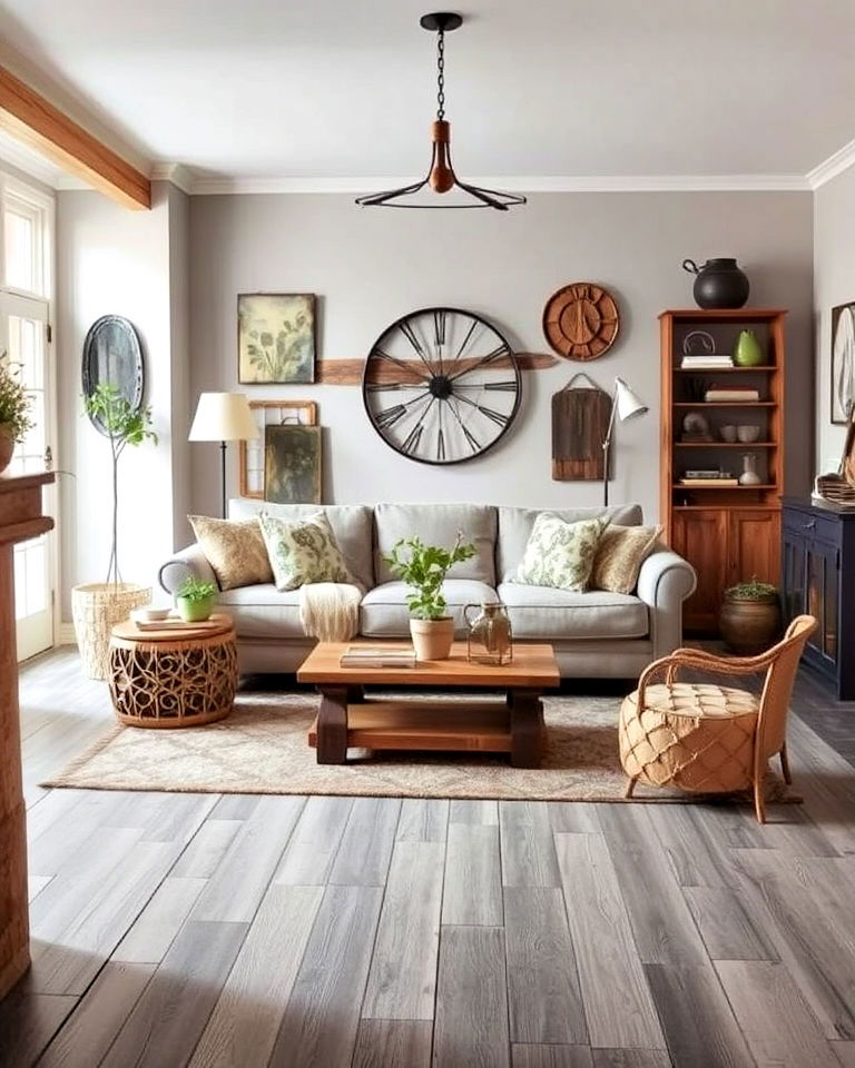 grey living room flooring with rustic elements