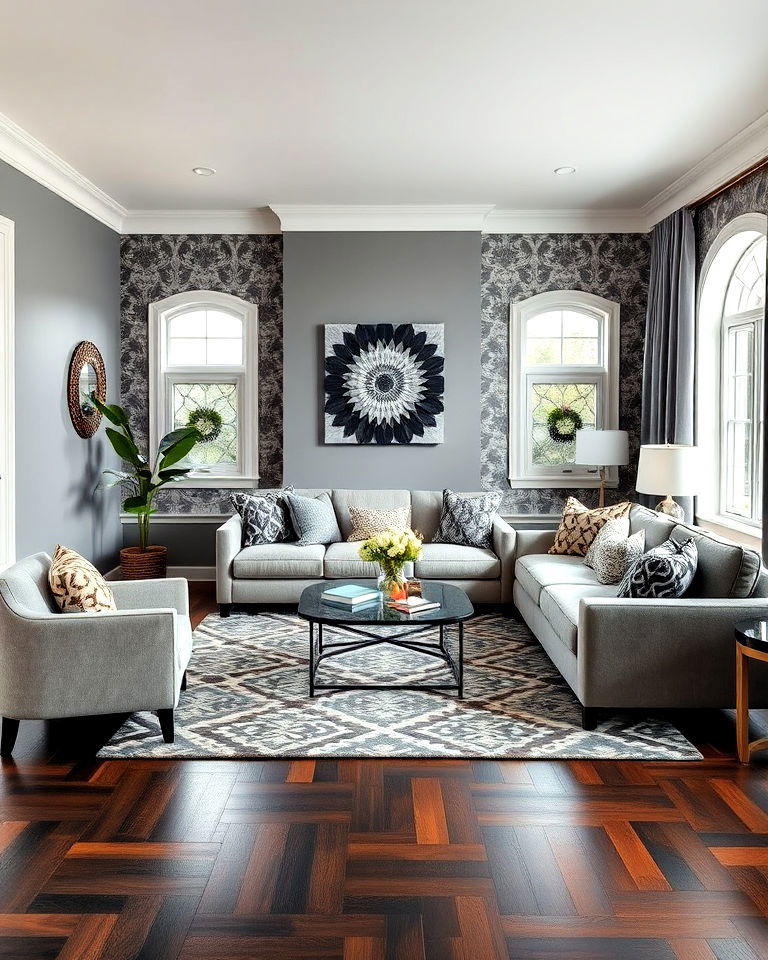 grey living room with dark wood floor and bold patterns