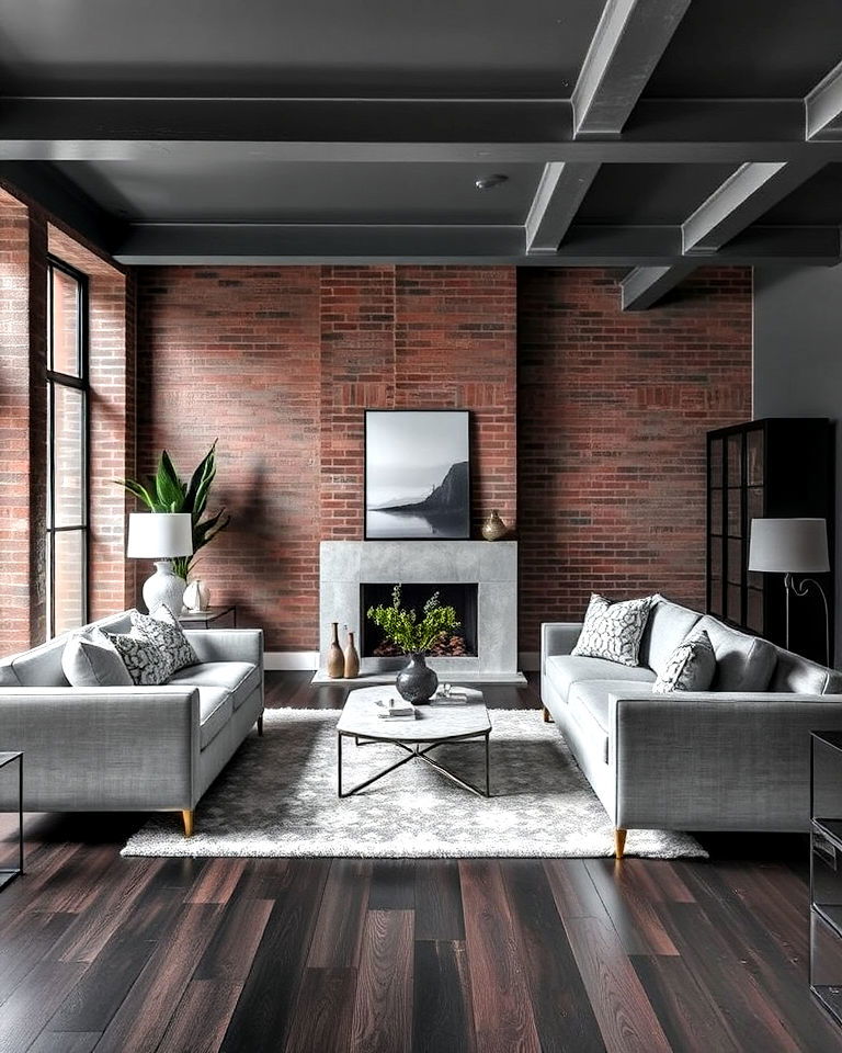 grey living room with dark wood floor and exposed industrial elements