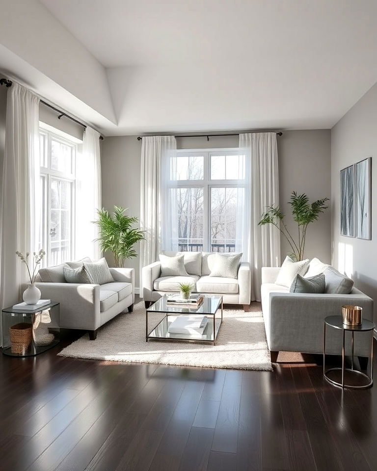 grey living room with dark wood floor and minimal décor