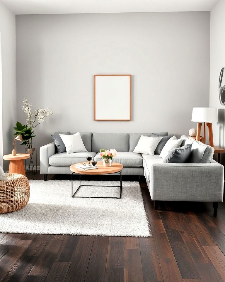 grey living room with dark wood floor and soft wood accents