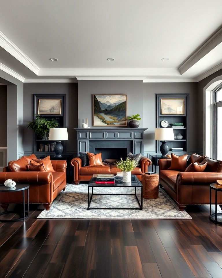 grey living room with dark wood flooring and leather furniture