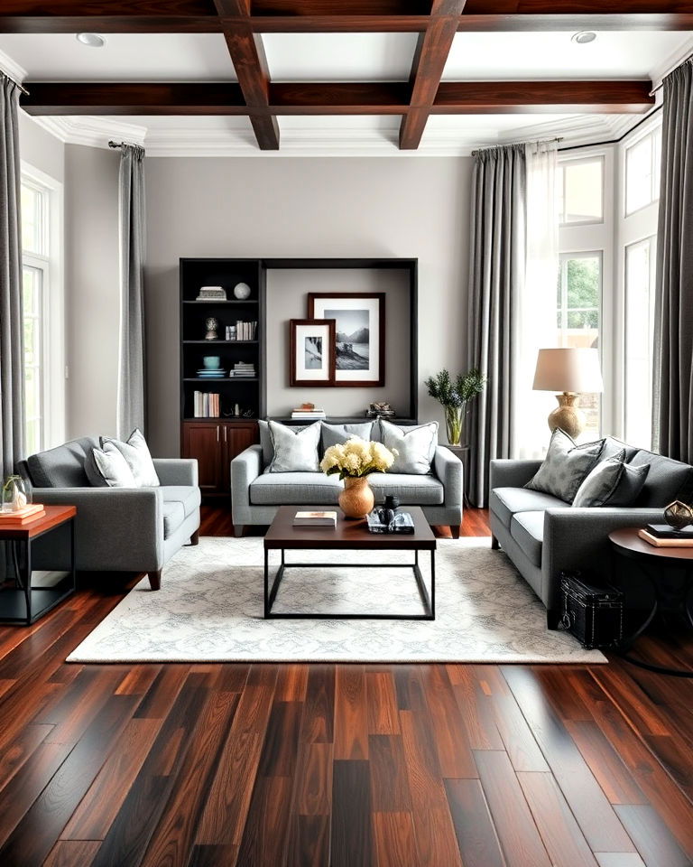 grey living room with grey and dark wood accents