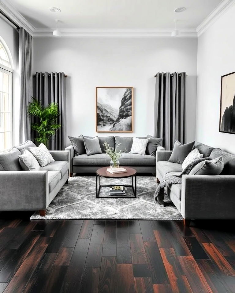 grey living room with layered textures on dark wood floors