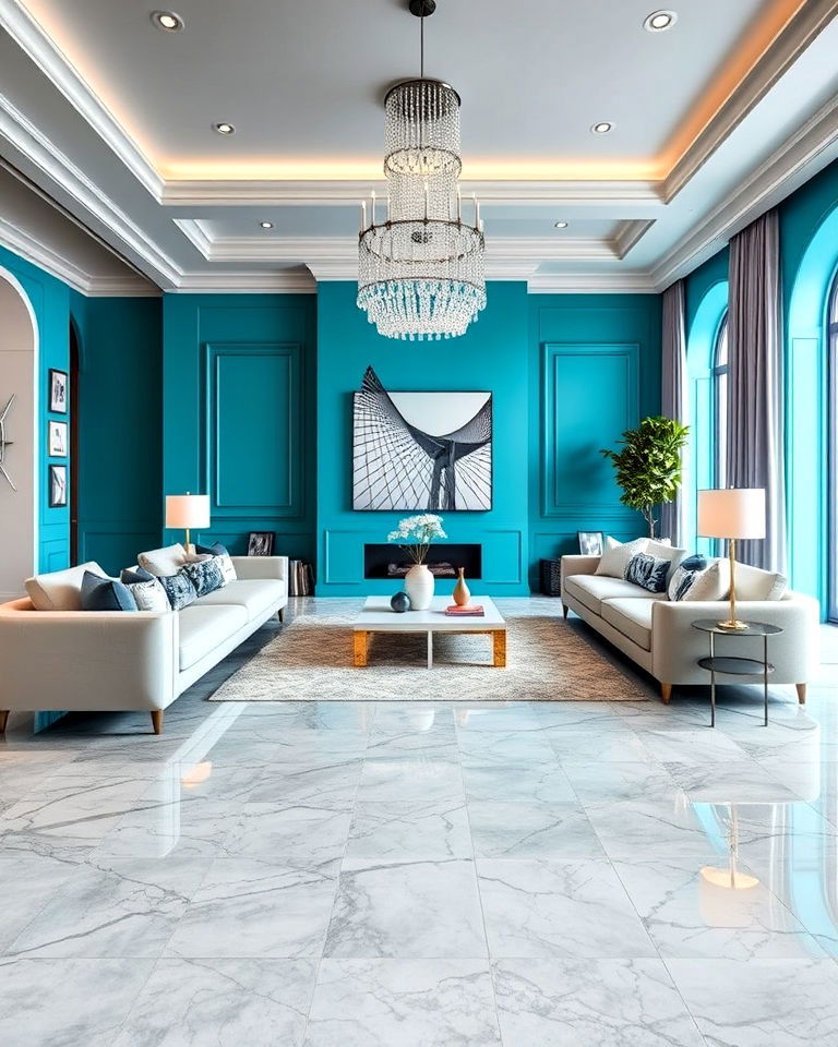 grey marble living room floor with turquoise accent walls