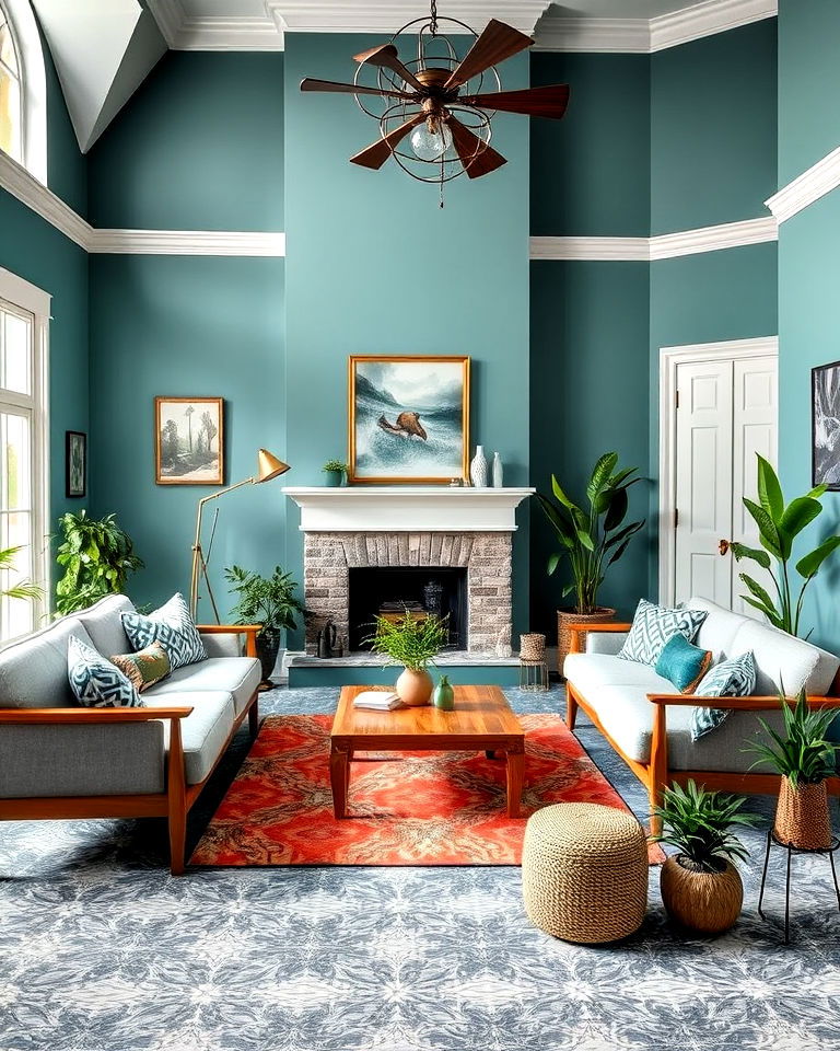 grey patterned living room floor with blue green walls