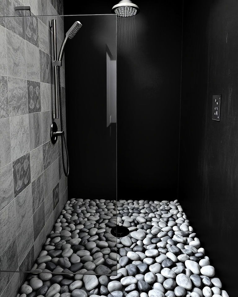 grey pebble shower floor with black walls