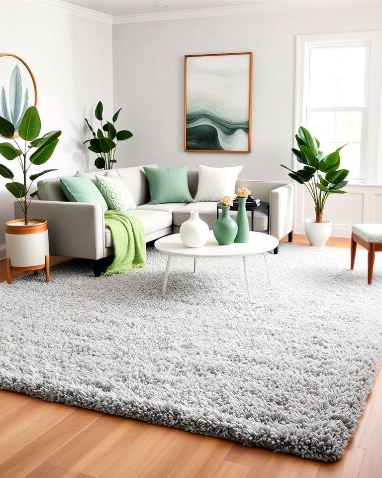 grey rug with sage green accessories