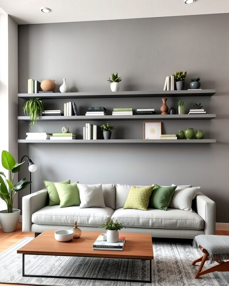 grey shelves with sage green accents for the living room