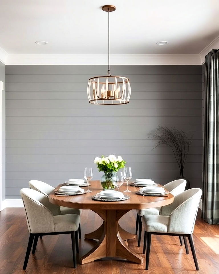grey shiplap walls for a modern dining room