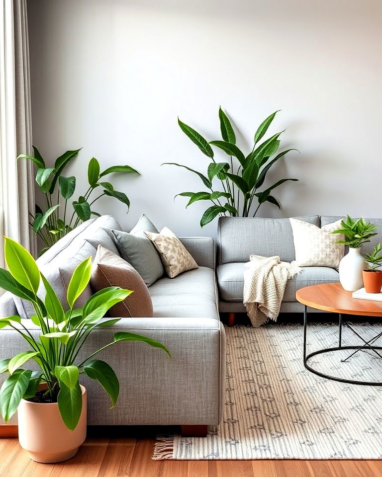 grey sofa with sage green plants