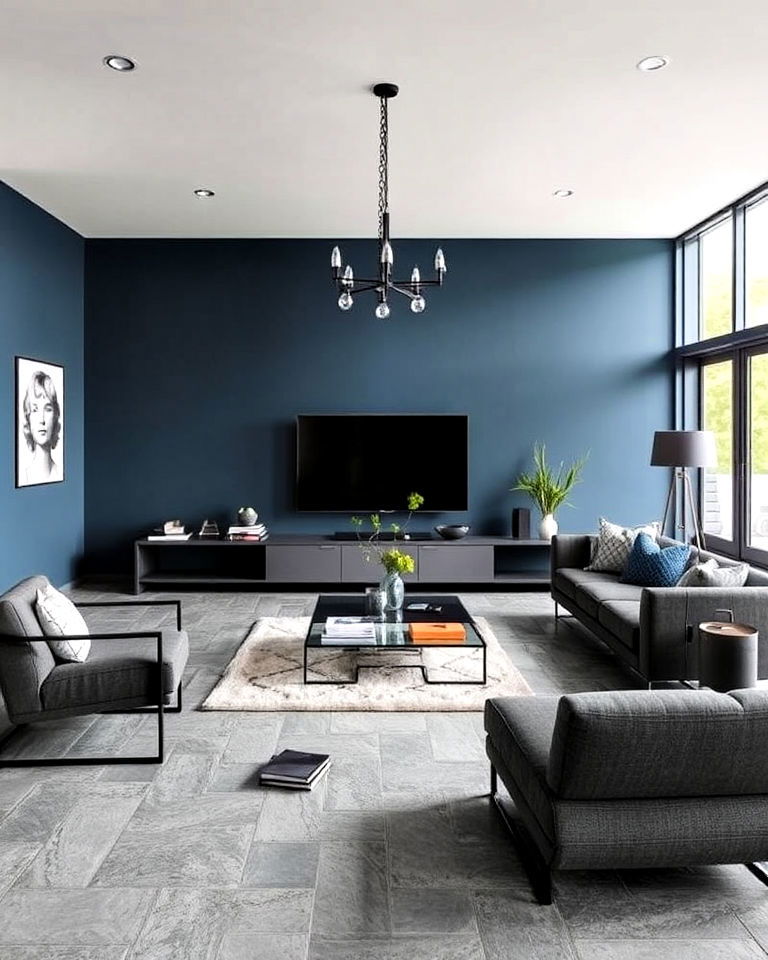 grey stone living room floor with steel blue walls