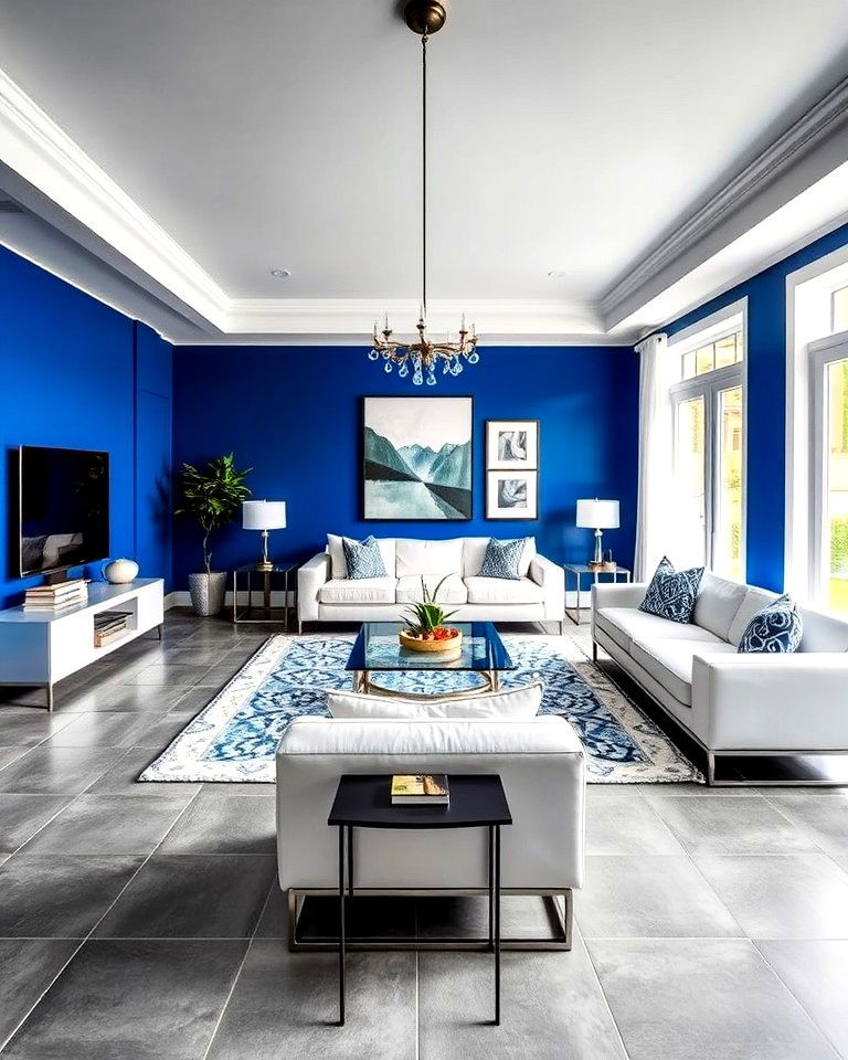 grey tile living room floor with cobalt blue walls