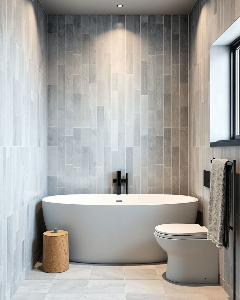 grey tiles bathroom in a vertical layout for height