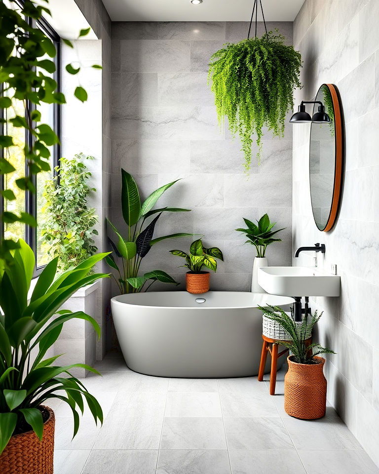 grey tiles bathroom with greenery for a natural touch