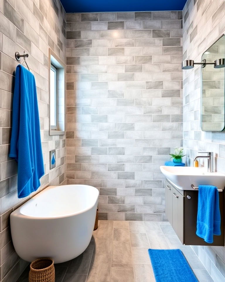 grey tiles with bold accent colors for a pop of personality