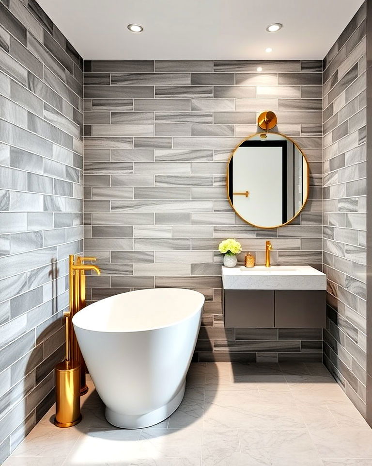 grey tiles with gold fixtures for glamorous appeal