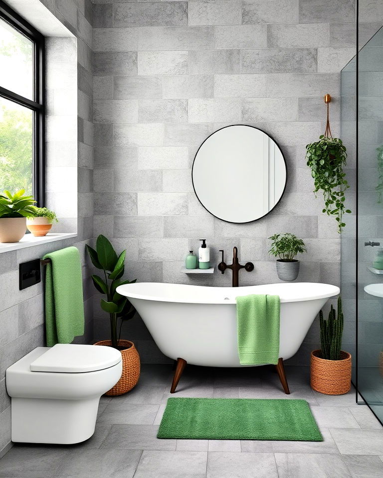 grey tiles with green accents for bathroom