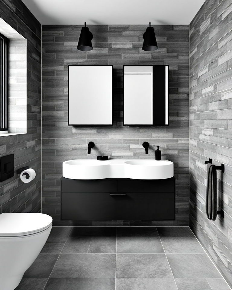 grey tiles with matte black fixtures for contrast