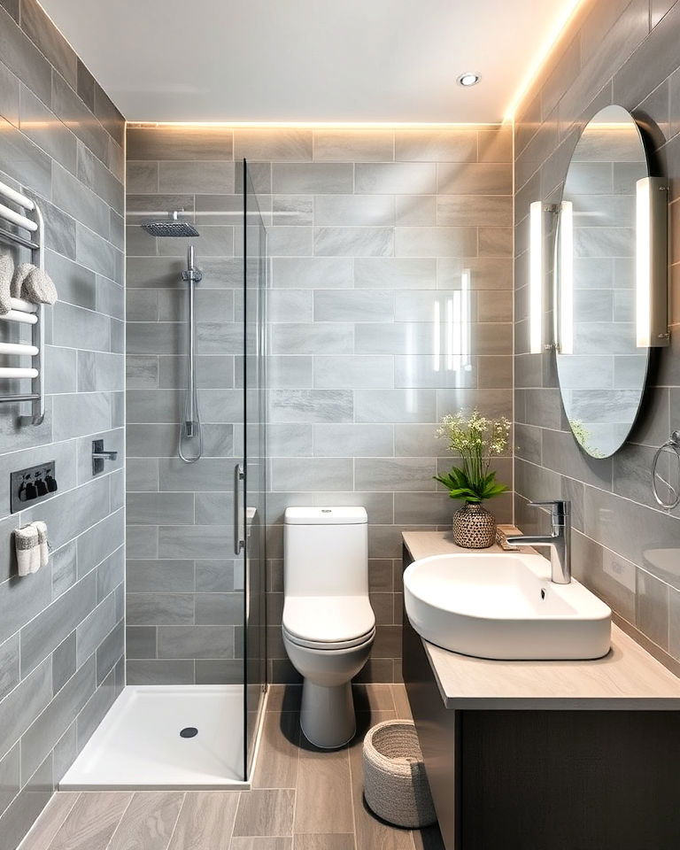 grey tiles with metallic accents for a modern edge