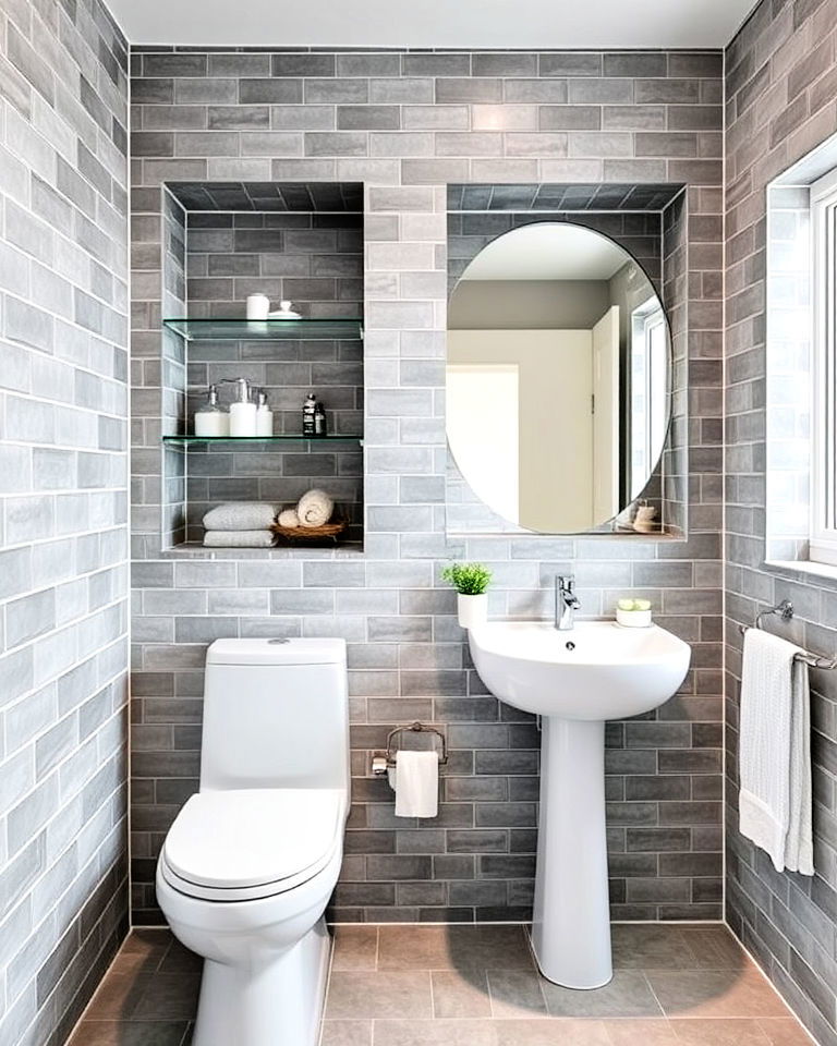 grey tiles with recessed shelves for practicality