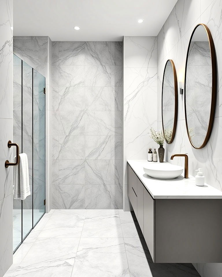 grey tiles with white marble accents bathroom