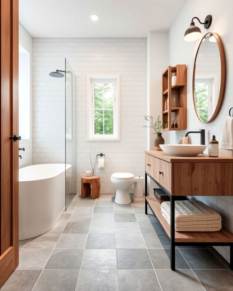 grey tiles with wood accents bathroom