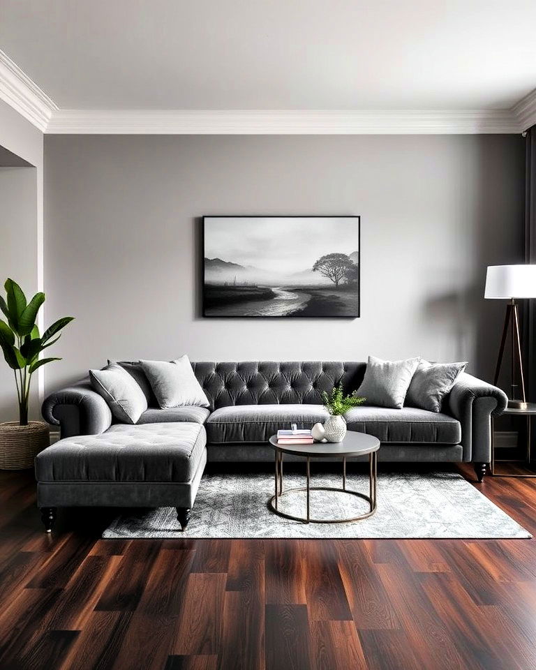 grey velvet sofa to complement dark wood floors