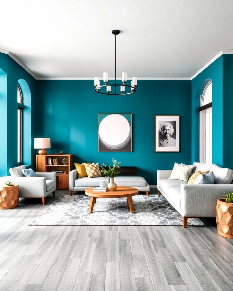 grey vinyl flooring with teal living room walls