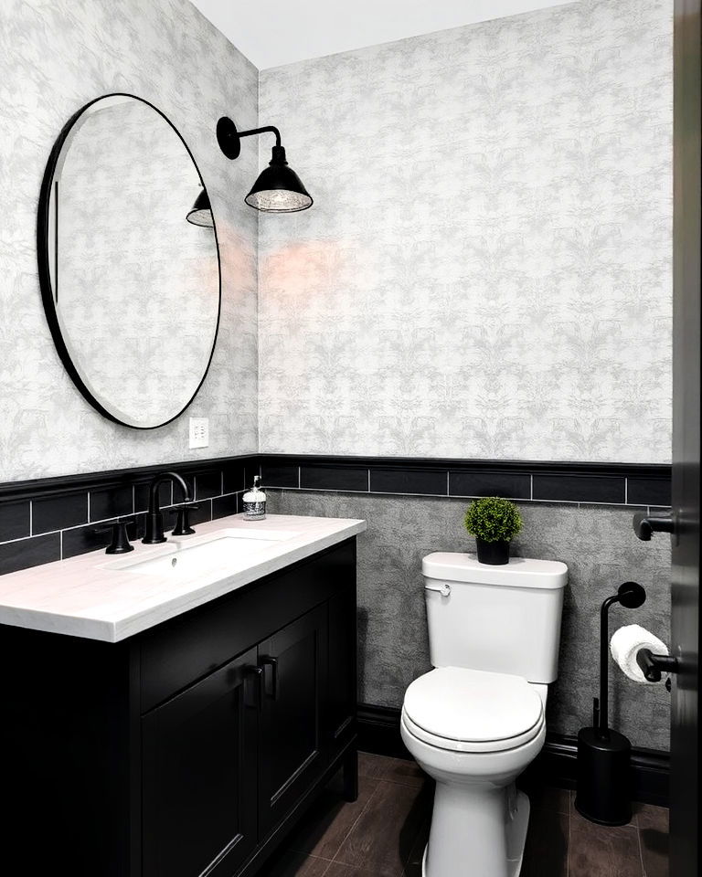 grey wallpaper bathroom with black fixtures