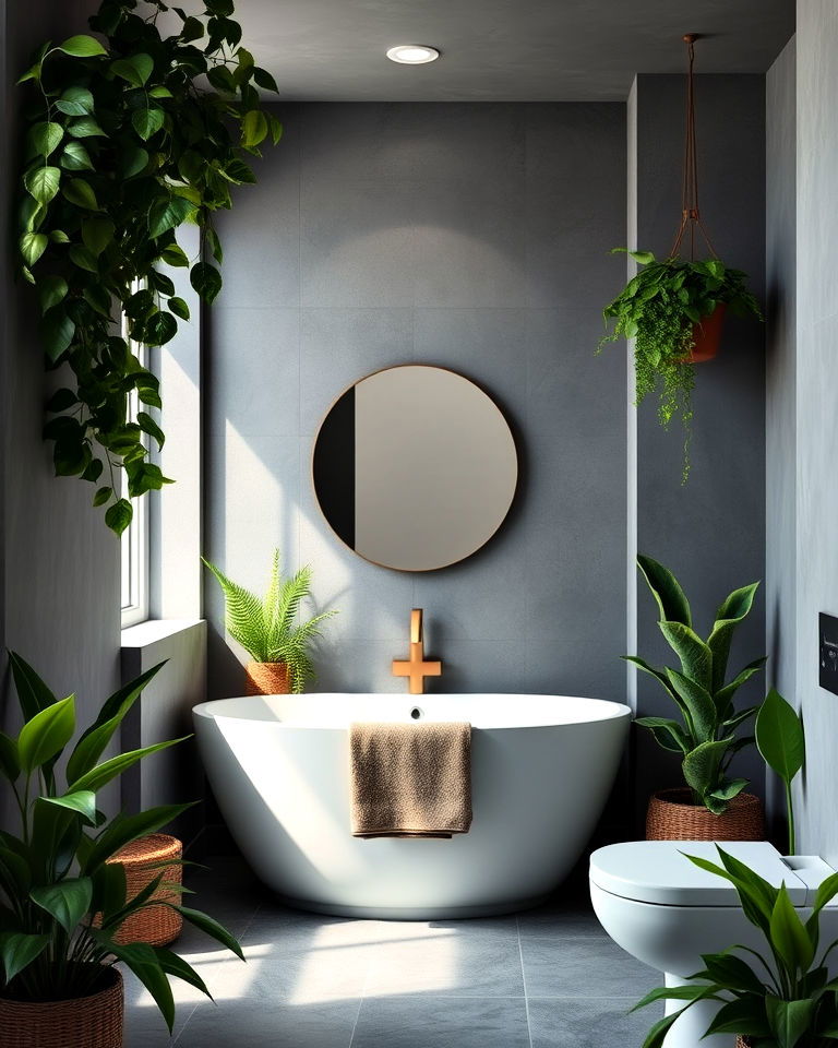 grey walls with green plant accents