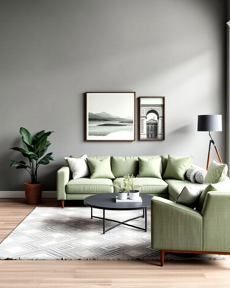 grey walls with sage green furniture for living room