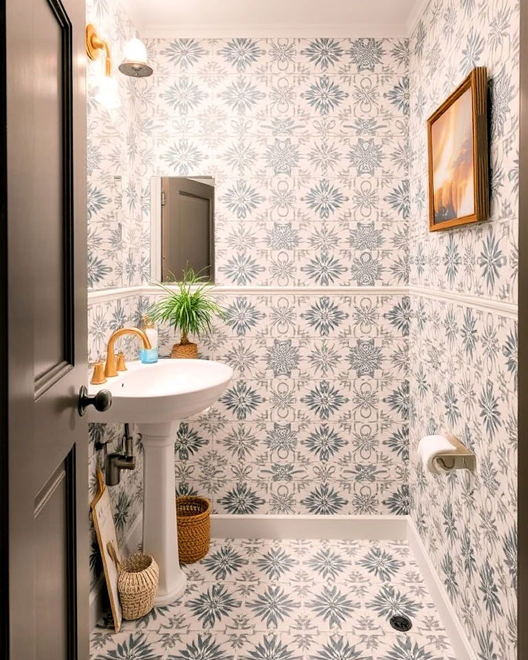 half bathroom with artistic tile patterns