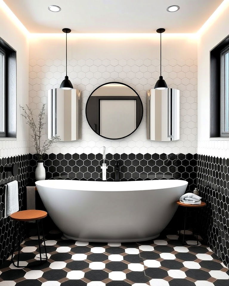 half wall hexagonal tiles for the bathroom