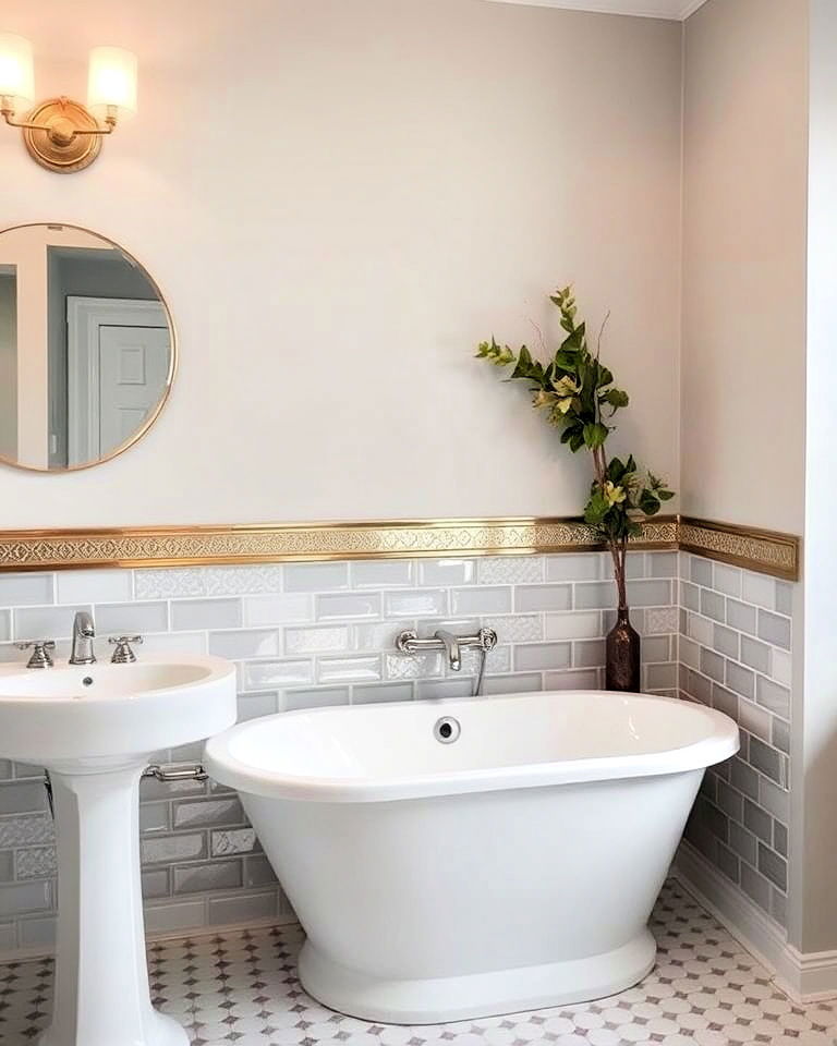 half wall tiles bathroom with metallic accents